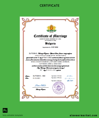 Bulgaristan marriage Sertifika Word and PDF Şablon