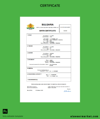 Bulgaristan vital record birth Sertifika Word and PDF Şablon