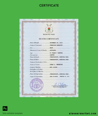 Burkina Faso vital record death Sertifika PSD Şablon