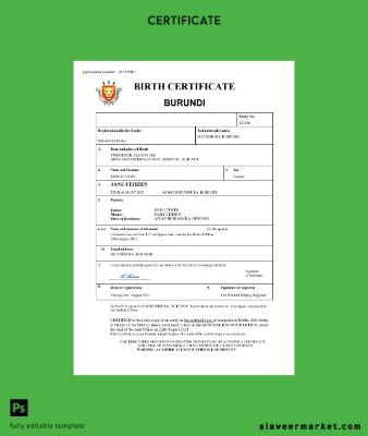Burundi vital record birth Sertifika Word and PDF Şablon