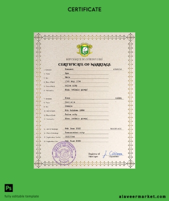 Côte d’Ivoire marriage Sertifika PSD Şablon