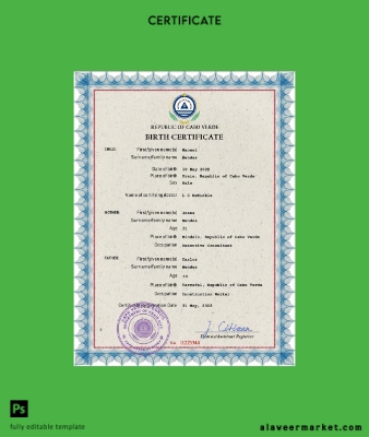 Cabo Verde vital record birth Sertifika PSD Şablon