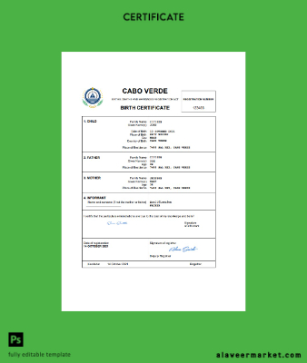 Cabo Verde vital record birth Sertifika Word and PDF Şablon