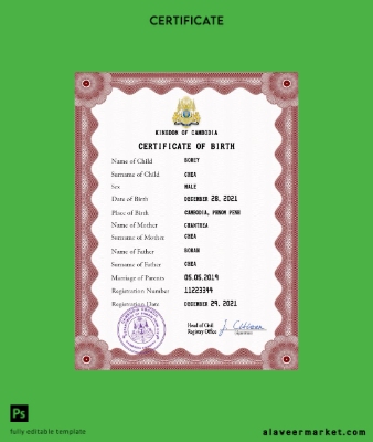 Cambodia birth Sertifika PSD Şablon