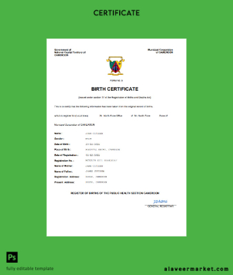 Cameroon vital record birth Sertifika Word and PDF Şablon