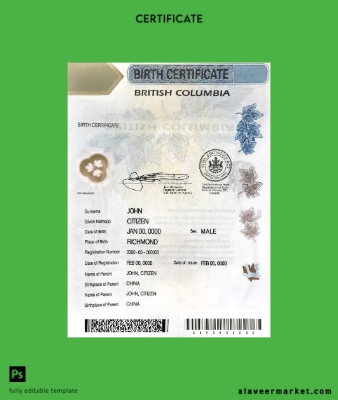 Kanada British Columbia Birth Sertifika Şablon in PSD