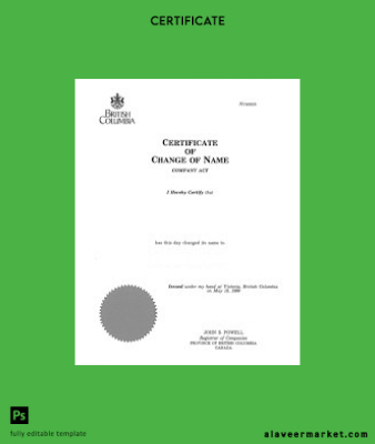 Kanada British Columbia Register of companies Sertifika of change of name