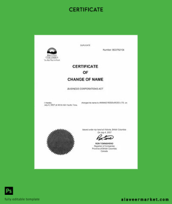 Kanada British Columbia Register of companies name change Sertifika