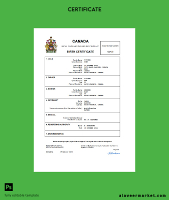 Kanada birth Sertifika Word and PDF Şablon