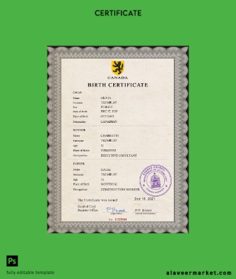 Kanada vital record birth Sertifika PSD Şablon