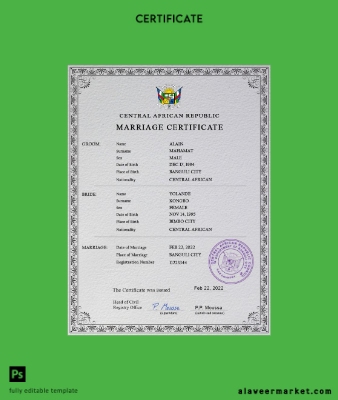 Central African Republic marriage Sertifika PSD Şablon