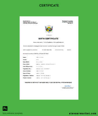 Central African Republic vital record birth Sertifika Word and PDF Şablon