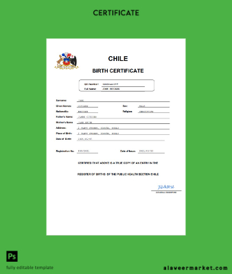 Şili vital record birth Sertifika Word and PDF Şablon