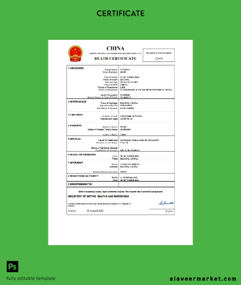 Çin vital record death Sertifika Word and PDF Şablon