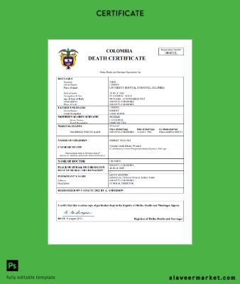 Kolombiya death Sertifika Word and PDF Şablon