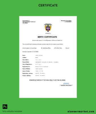 Kolombiya vital record birth Sertifika Word and PDF Şablon
