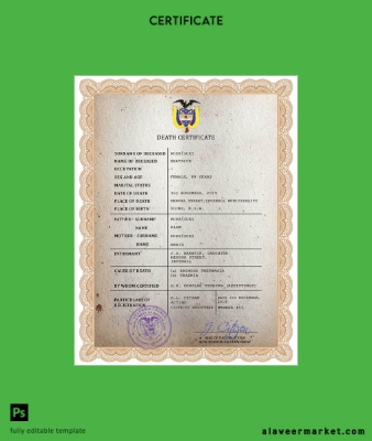 Kolombiya vital record death Sertifika PSD Şablon