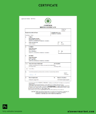 Comoros birth Sertifika Word and PDF Şablon