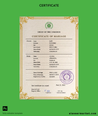 Comoros marriage Sertifika PSD Şablon