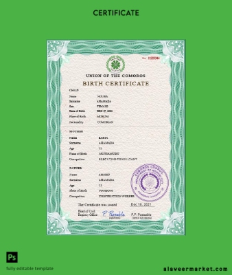 Comoros vital record birth Sertifika PSD Şablon