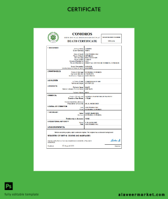 Comoros vital record death Sertifika Word and PDF Şablon