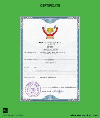 Congo (Democratic Republic of the Congo) vital record death Sertifika PSD Şablon