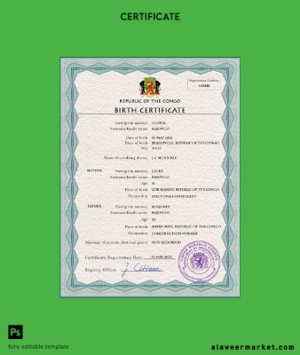 Congo (Republic of the) vital record birth Sertifika PSD Şablon