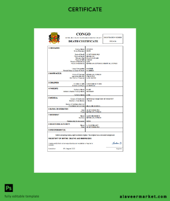 Congo death Sertifika Word and PDF Şablon