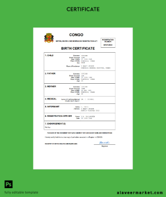 Congo vital record birth Sertifika Word and PDF Şablon