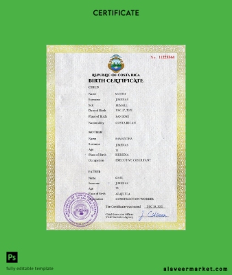 Costa Rica birth Sertifika PSD Şablon