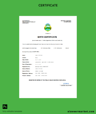 Costa Rica birth Sertifika Word and PDF Şablon