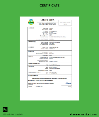 Costa Rica vital record death Sertifika Word and PDF Şablon