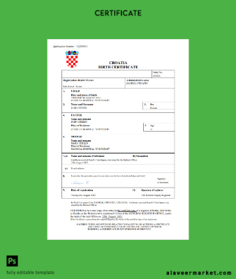 Hırvatistan birth Sertifika Word and PDF Şablon