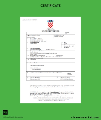 Hırvatistan vital record death Sertifika Word and PDF Şablon