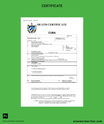 Küba death Sertifika Word and PDF Şablon