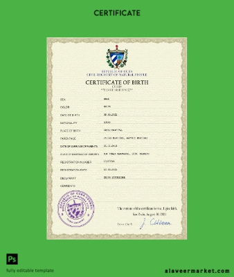 Küba vital record birth Sertifika PSD Şablon