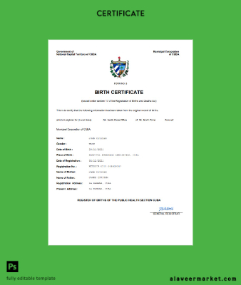 Küba vital record birth Sertifika Word and PDF Şablon
