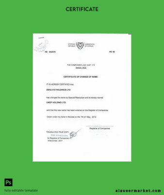 Kıbrıs Register of companies Sertifika of change of name