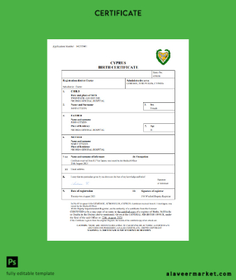 Kıbrıs birth Sertifika Word and PDF Şablon