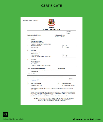 Çek Cumhuriyeti vital record birth Sertifika Word and PDF Şablon