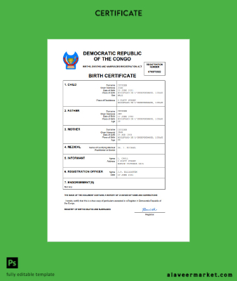 Democratic Republic of the Congo birth Sertifika Word and PDF Şablon