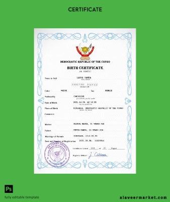 Democratic Republic of the Congo vital record birth Sertifika PSD Şablon