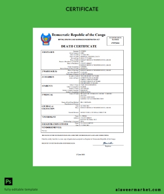 Democratic Republic of the Congo vital record death Sertifika Word and PDF Şablon