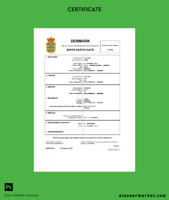 Danimarka vital record birth Sertifika Word and PDF Şablon