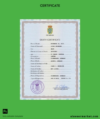 Danimarka vital record death Sertifika PSD Şablon