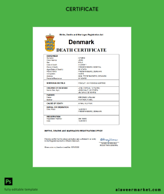 Danimarka vital record death Sertifika Word and PDF Şablon