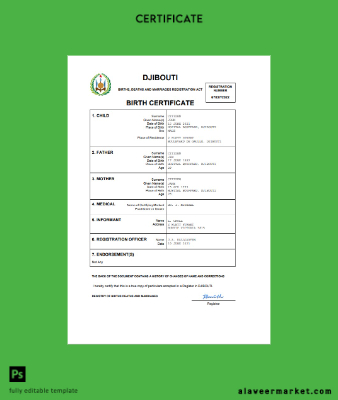Djibouti birth Sertifika Word and PDF Şablon