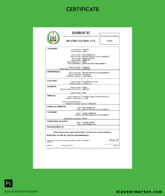 Djibouti death Sertifika Word and PDF Şablon