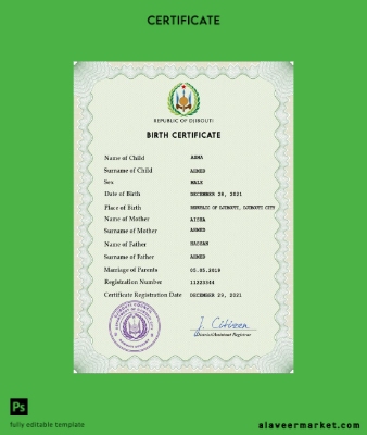 Djibouti vital record birth Sertifika PSD Şablon