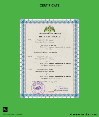 Dominica vital record birth Sertifika PSD Şablon